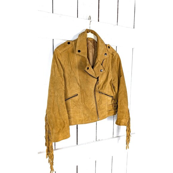 Vintage western tan brown suede leather cropped fringe boho motorcycle jacket - Picture 6 of 8